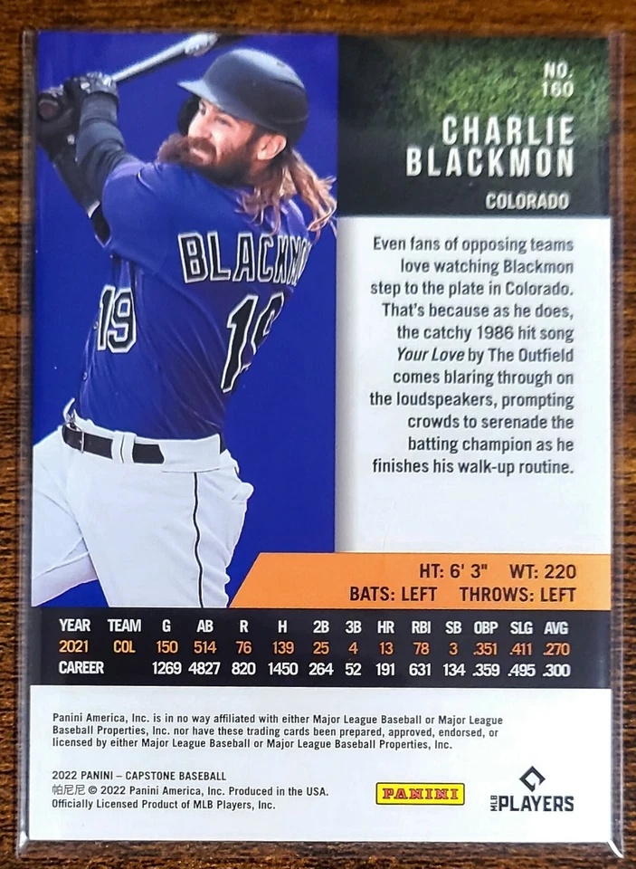 2022 Panini Capstone Baseball Charlie Blackmon #160 - Image 2 of 2
