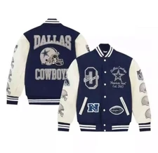 DALLAS COWBOYS full snap WOOL/LEATHER Unisex Varsity Jacket.