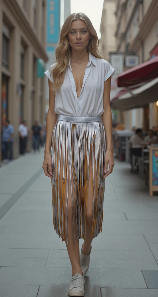 Женщин Серебряный бежевый длинная юбка из искусственной кожи надежном вокруг бахромы кисточки ремень S M - Изображение 2 из 4