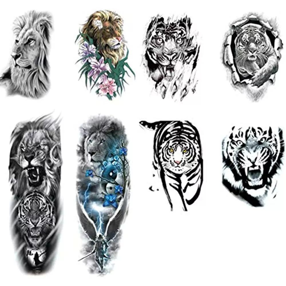 Leoars Tiger Lion Arm Sleeve Tattoos, Fake Half And Full Stickers For Women Men,