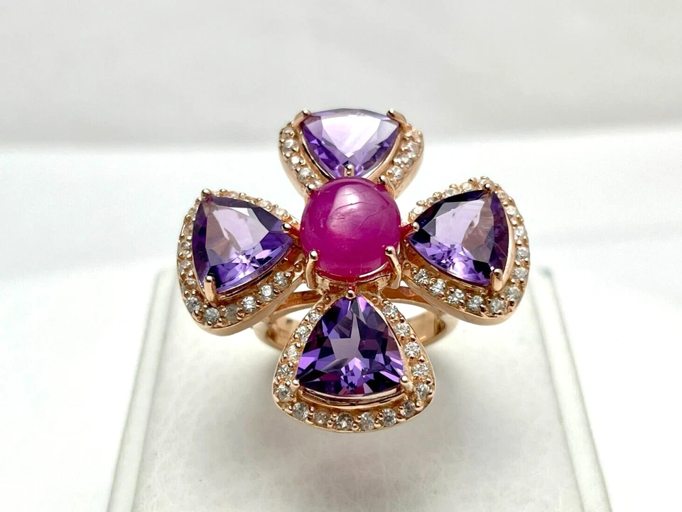 Ruby, Amethyst, Cross Rose Gold Plated Sterling Silver Ring - Image 4 of 4