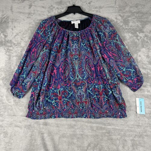 NWT C.D. Daniels Blouse Top Plus Size 2X Bright Colorful Paisley Sequins Artsy