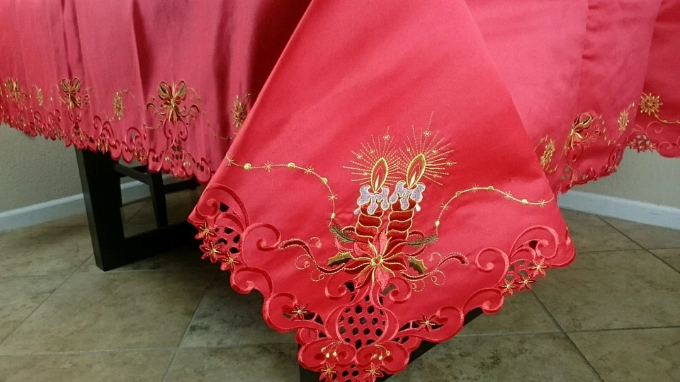 72x90" Embroidery Red Christmas Holiday Poinsettia Tablecloth Napkins Rectangle - Image 3 of 4