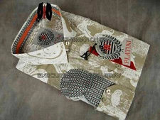 Mens PLATINI Button Shirt Tan Khaki Abstract Prints Complementing Trim Slim Fit