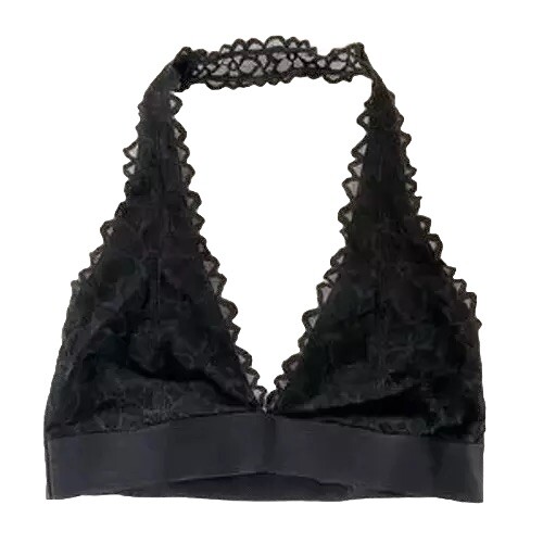 PINK Victoria's Secret Black Unlined Date Floral Lace Halter Sz Small Bralette