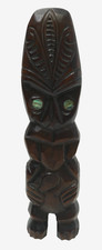 CARVED WOODEN VINTAGE TIKI STATUE NEW ZEALAND MAORI KORU PAUA SHELL EYES