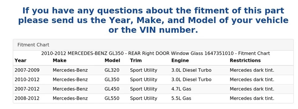 Mercedes-Benz GL350 2010-2012 - Puerta trasera derecha ventana cristal 1647351010 Foto 4 de 4