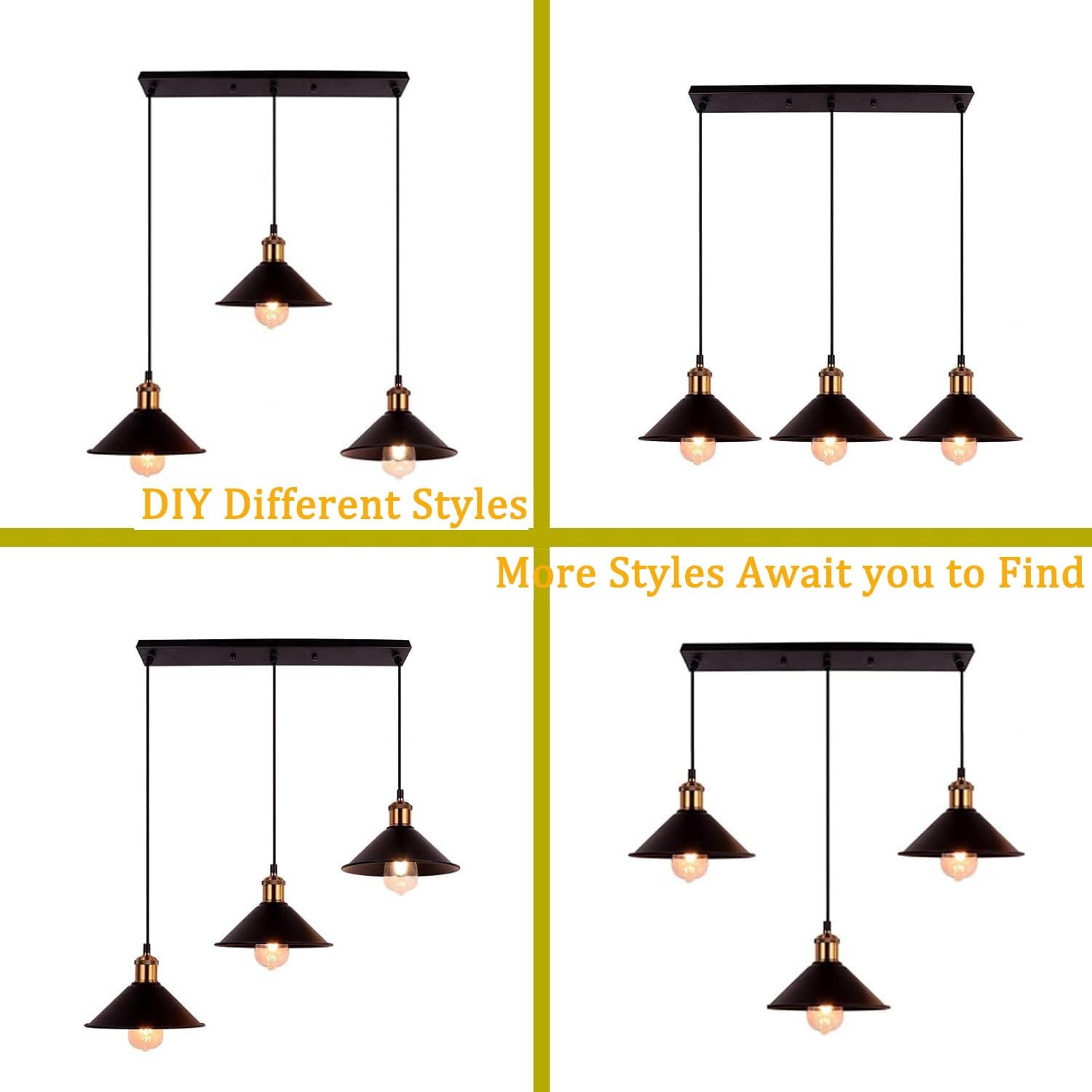 3-Light Industrial Pendant Light Fixture, Adjustable Metal Hanging Lamp, Vint...