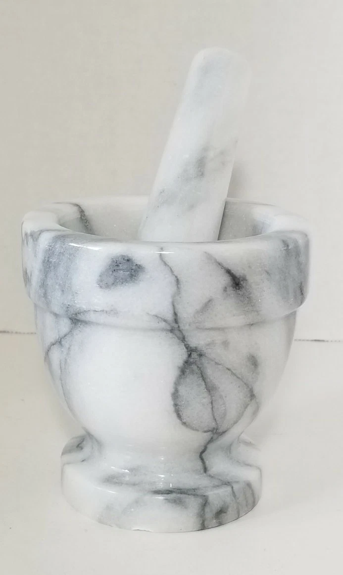 Apothecary Mortar and Pestle Marble 4 inches Tall Gray/White Herbal Medicine