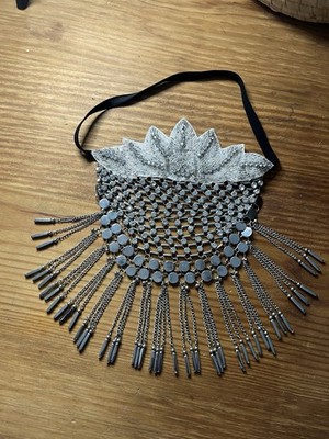 Vintage Flapper Headpiece Rhinestone Chain Fringe Face Veil Festival Headband