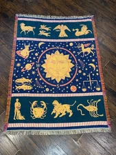 Vintage 90s Zodiac Signs Astrology Woven Throw Tapestry Blanket w/ Constellation