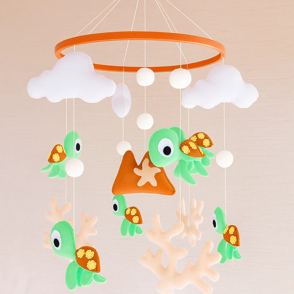 Tortuga Bebé Móvil Fieltro Neutro Guardería Cuna Haing Océano Mar Baby Shower Regalo Foto 4 de 4