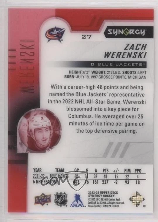 2022-23 Upper Deck Synergy Red Zach Werenski #27 - Image 2 of 2