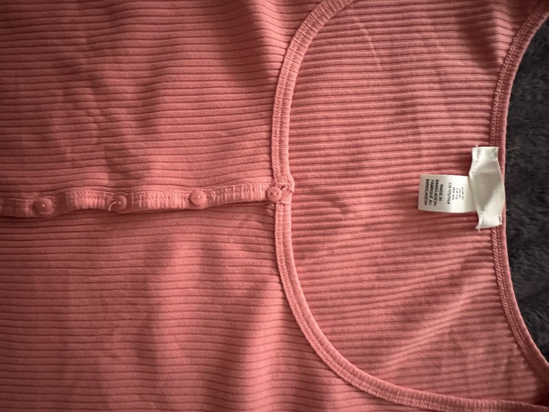 Womens Pink Ribbed Knit Button Accent Round Neck Stretch Tee Raglan Size L