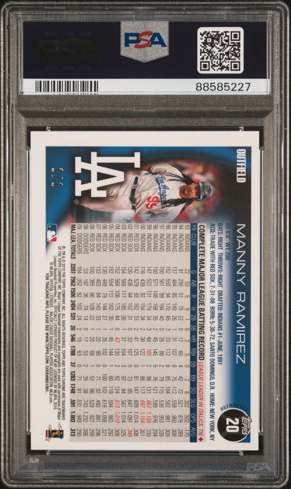 2010 Topps Chrome - Manny Ramirez #20 SUPERFRACTOR 1/1 view 2