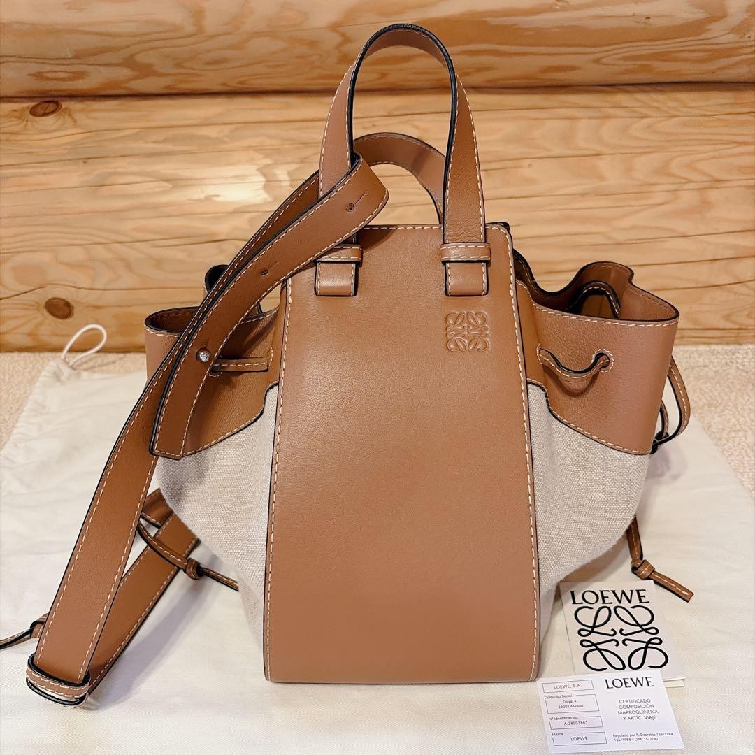Loewe Hammock Medium Drawstring Shoulder Bag Leather Canvas Brown Beige