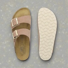 Cork Footbed Sandals Leather Two Strap Flat Mule Sliders Nude Pink Size 6.5 EU40