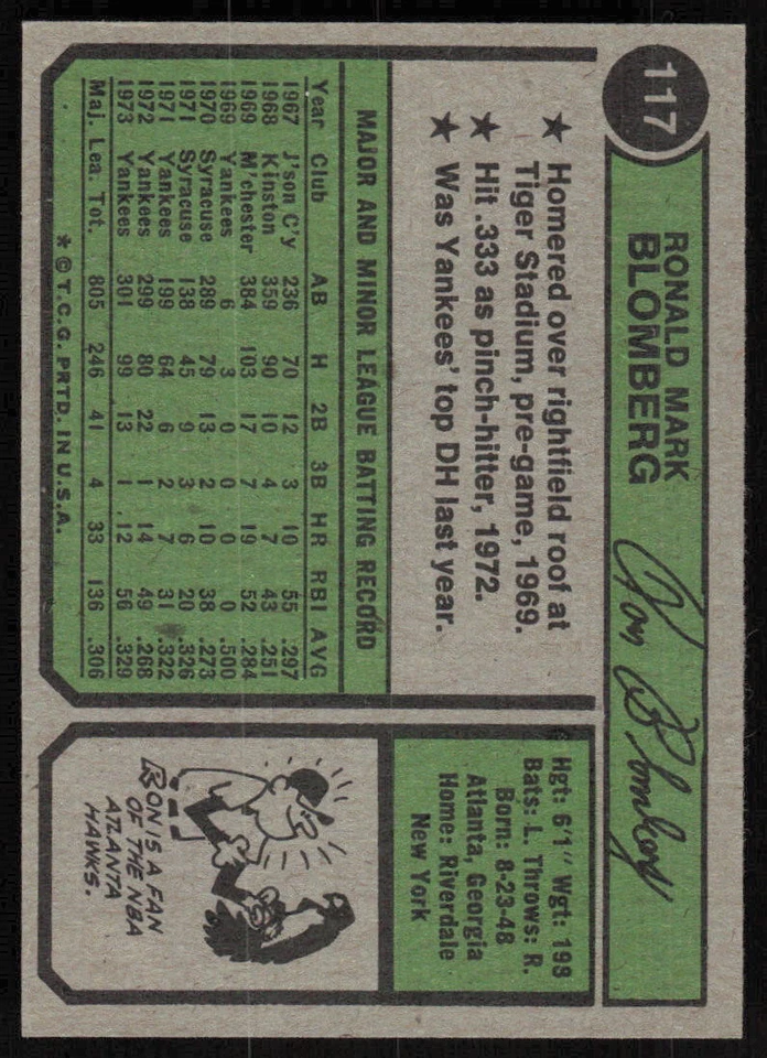 1974 Topps #117 Ron Blomberg - $1 SHIPPING (JB4) - Image 2 of 2