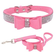 Pink Rhinestone Dog Collar and Leash Set with Bow Tie, Bling Diamond Cat Coll...