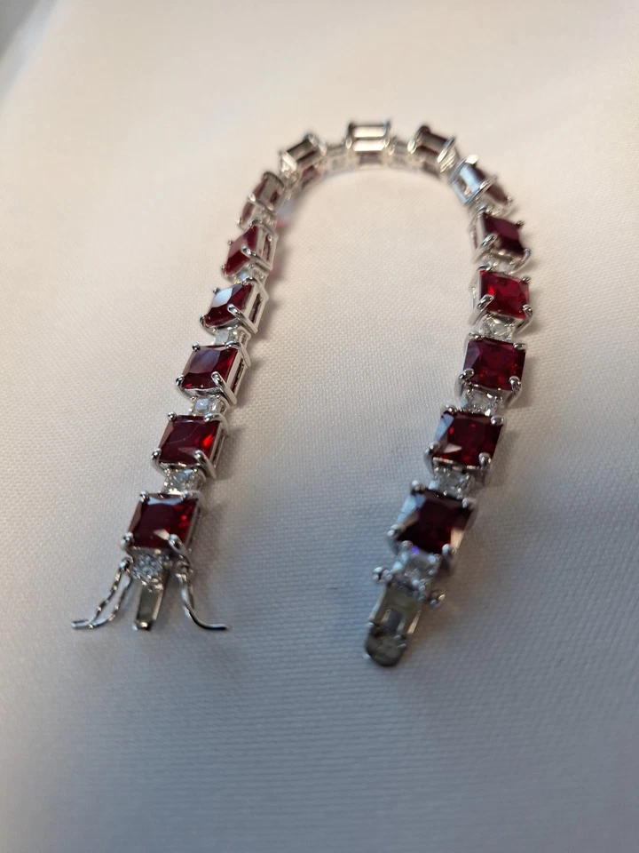 925 Sterling Silver Lab-Created Large Ruby & CZ Tennis Bracelet - Image 4 of 4