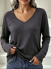 Women s Dark Gray Knit T-Shirt Solid Basic V-Neck Size M