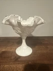 FENTON  WHITE MILK GLASS FOOTED CANDY DISH, BOWL- RUFFLE CRIMPED EDGES