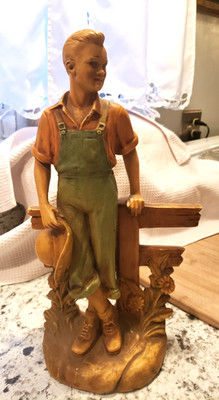 Vintage J.W. Lindner Chalkware Farmer Leaning on Fence Statue Bookend 15''t