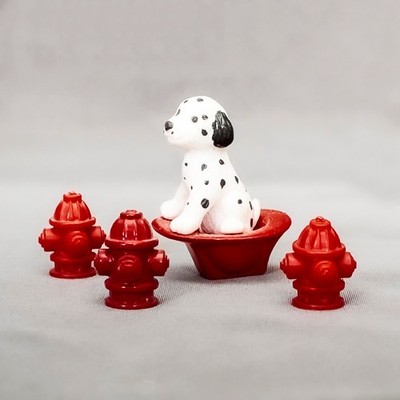 Miniature Firefighting Dalmatian in Fire Helmet and Fire Hydrants Lot of 4
