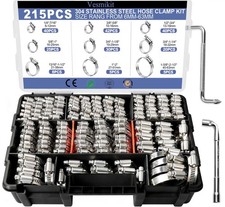 215 PCS Stainless Steel Hose Clamp Assortment Kit 1/4"&ndash;2-1/2" for Plumbing, Auto