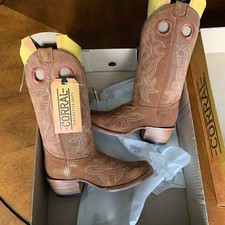 Corral Shedron Suede Embroidery Cowgirl Boots Pull Holes Square Toe Size 5.5 Tan