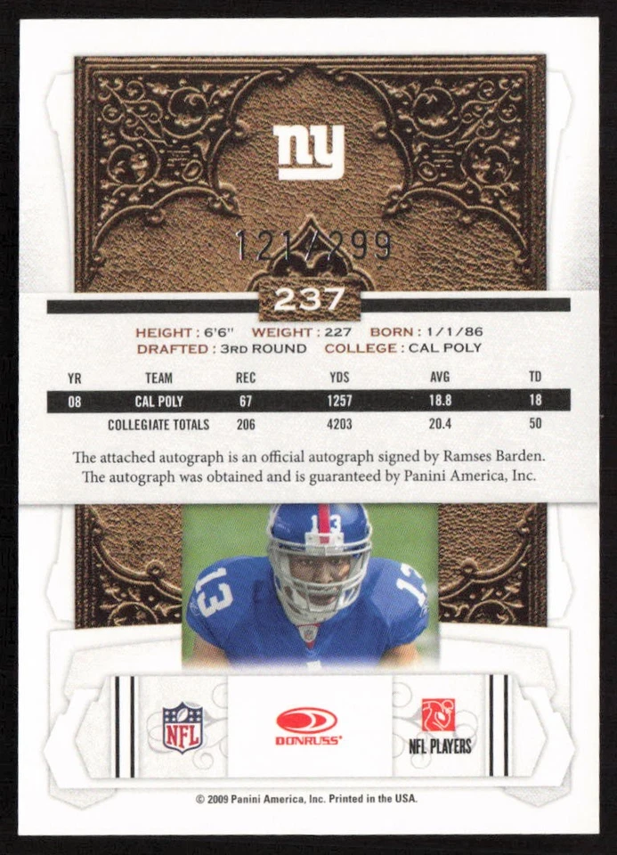 2009 Donruss Classics Auto /299 Ramses Barden #237 Rookie Giants - Image 2 of 2