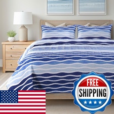 Slpr Blue Wave 3-Piece Quilt Set - Queen Size 2 Shams Coastal Beach House
