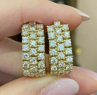 2 Ct Simulated Diamond Women's 3 Row Huggies Earring 14K Yellow Gold Plated