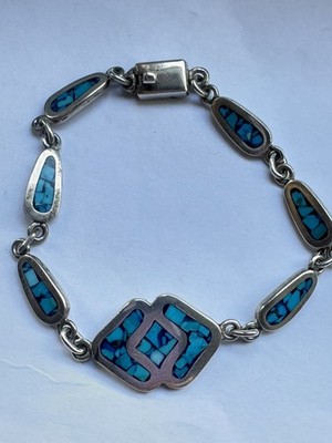 Vintage Taxco Mexiko Armband 925 Sterling Silber Türkis Mosaik Signiert TD-52