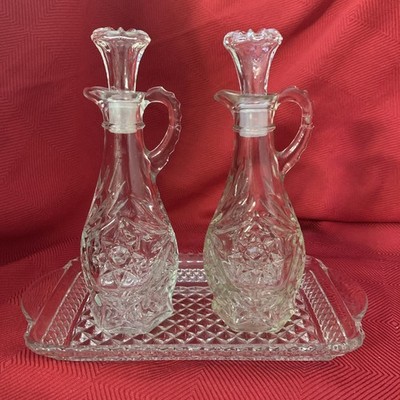 Anchor Hocking Vintage EAPC Glass Oil & Vinegar Cruets w/Stoppers & Tray