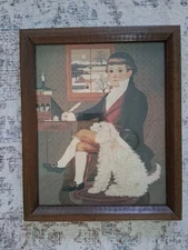 Vintage Charles Wysocki Wood Framed Man & Dog,  Mid-Century Art Primative 11"×9"