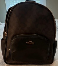 Mochila Coach Signature Logo Marrón Negro Cuero Herrajes Dorados