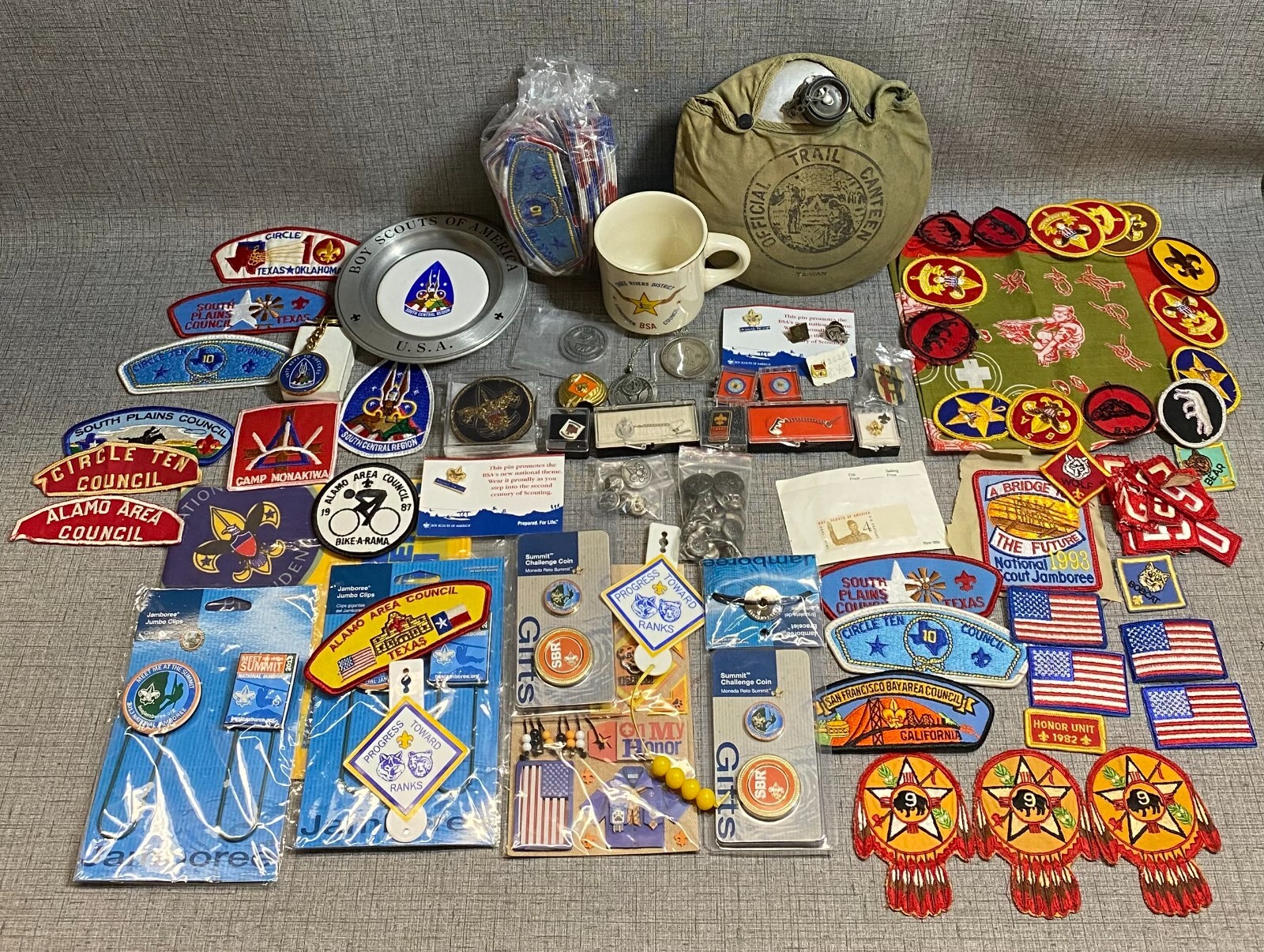 Large Vintage Boy Scout Patches Pins Canteen Bandanas & More Mixed Lot