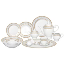 Stylish 57 Pieces of Porcelain Dinnerware Set - Classic Gold Scroll Border