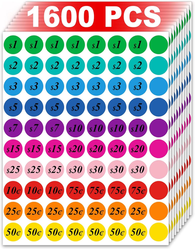 1600 Pcs 3/4 Inch round Assorted Garage, Yard & Rummage Sale Price Stickers, 0.