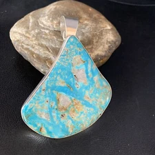 Mens Blue Kingman Turquoise Navajo Sterling Silver Pendant 4" 13984