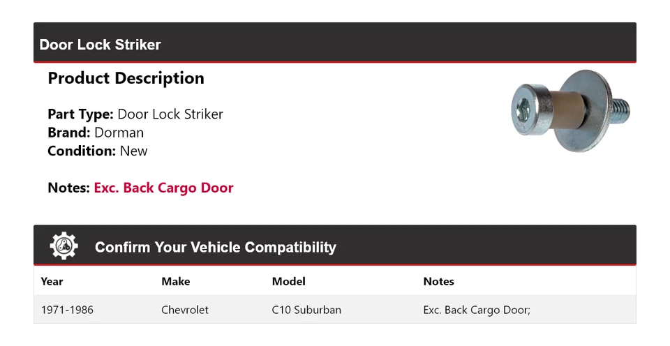 Para 1971-1986 Chevrolet C10 Suburban Dorman Door Lock Striker 1972 1973 1974 - Imagem 2 de 4