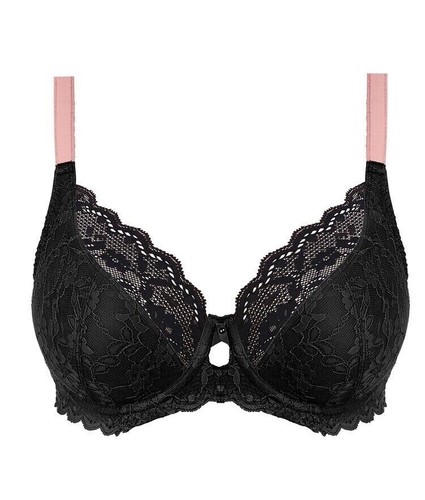 Freya Offbeat Bra Black Pink Size 38E Underwired Plunge Balcony Lace 5452 New - Picture 6 of 12