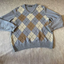 Hawick knitwear argyle blue v neck Wool sweater made in Scotland men 42 chest