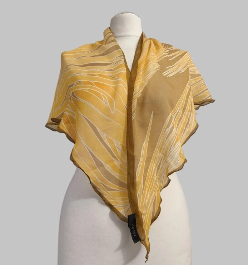 Foulard triangle femme GUCCI marron beige soie coton