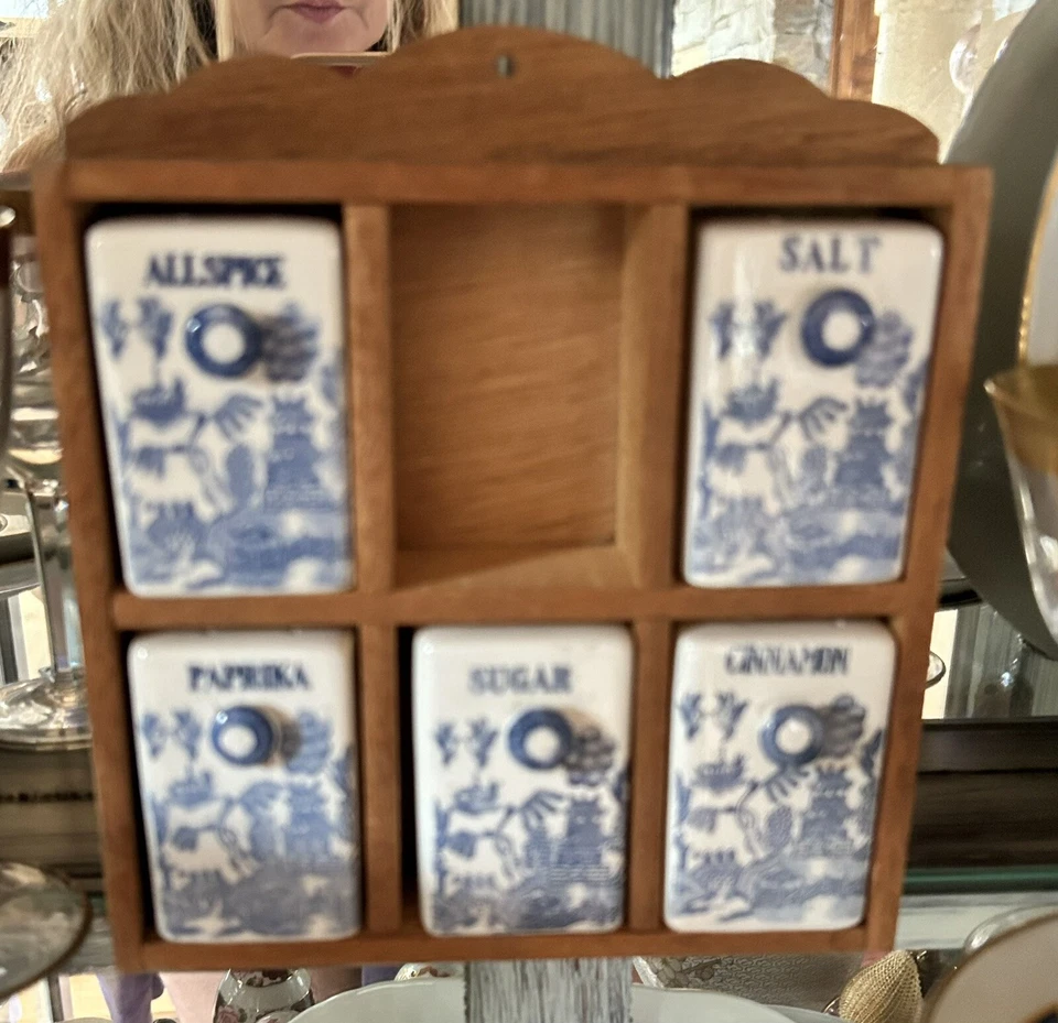 Japón Madera 6 Cajones Especias Armario Molino de Viento Azul Cobalto De Colección Completo Foto 3 de 4