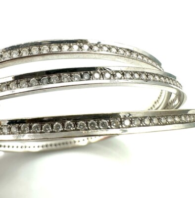 Bracelet En Or 18 Carats - 3 Joncs Avec Diamants - Poids 47,92 G, Occasion En Or Blanc