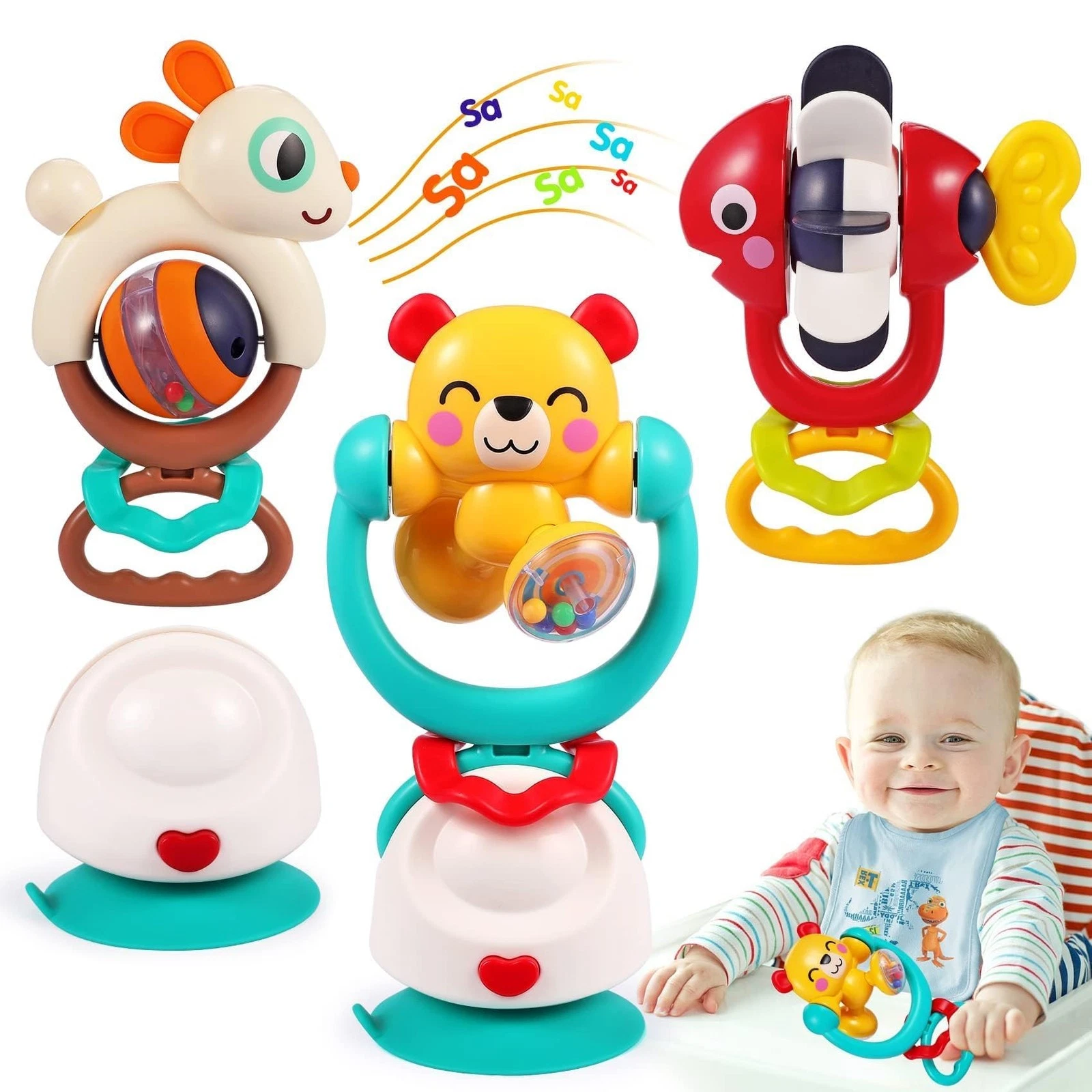 Baby Toys 6-12 Months Infant Toy Set of 3 High Chair Suction Cup Rattle Teeth...