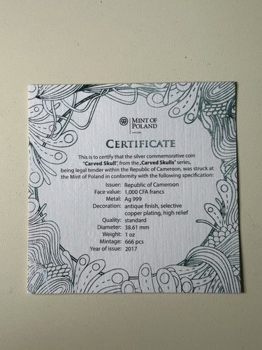 Calaveras talladas en plata Camerún 2017 de 1 oz acabado antiguo con caja y certificado de autenticidad - Imagen 4 de 5