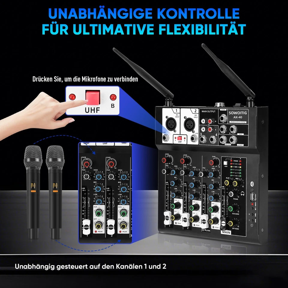 SOWOITIG Karaoke Mischpult mit 2 kabellosen Mikrofonen, 4-Kanal Audio Mixer D... - Bild 4 von 4
